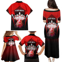 Red Bowling Strike Graphic Family Matching Puletasi and Hawaiian Shirt with Pins and Ball and Custom Name Design - Wonder Print Shop