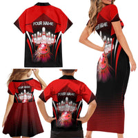 Red Bowling Strike Graphic Family Matching Short Sleeve Bodycon Dress and Hawaiian Shirt with Pins and Ball and Custom Name Design - Wonder Print Shop