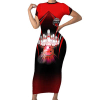 Red Bowling Strike Graphic Family Matching Short Sleeve Bodycon Dress and Hawaiian Shirt with Pins and Ball and Custom Name Design - Wonder Print Shop