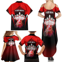 Red Bowling Strike Graphic Family Matching Summer Maxi Dress and Hawaiian Shirt with Pins and Ball and Custom Name Design - Wonder Print Shop