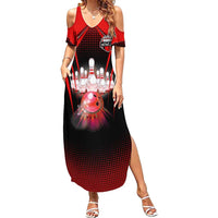 Red Bowling Strike Graphic Family Matching Summer Maxi Dress and Hawaiian Shirt with Pins and Ball and Custom Name Design - Wonder Print Shop
