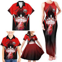Red Bowling Strike Graphic Family Matching Tank Maxi Dress and Hawaiian Shirt with Pins and Ball and Custom Name Design - Wonder Print Shop