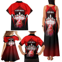 Red Bowling Strike Graphic Family Matching Tank Maxi Dress and Hawaiian Shirt with Pins and Ball and Custom Name Design - Wonder Print Shop
