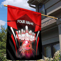 Red Bowling Strike Graphic Garden Flag with Pins and Ball and Custom Name Design - Wonder Print Shop