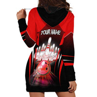 Red Bowling Strike Graphic Hoodie Dress with Pins and Ball and Custom Name Design - Wonder Print Shop