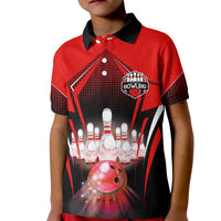 Red Bowling Strike Graphic Kid Polo Shirt with Pins and Ball and Custom Name Design - Wonder Print Shop