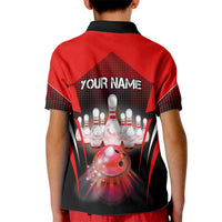 Red Bowling Strike Graphic Kid Polo Shirt with Pins and Ball and Custom Name Design - Wonder Print Shop