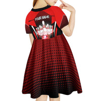 Red Bowling Strike Graphic Kid Short Sleeve Dress with Pins and Ball and Custom Name Design - Wonder Print Shop