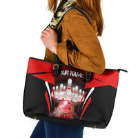 Red Bowling Strike Graphic Leather Tote Bag with Pins and Ball and Custom Name Design - Wonder Print Shop