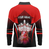 Red Bowling Strike Graphic Long Sleeve Polo Shirt with Pins and Ball and Custom Name Design - Wonder Print Shop