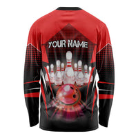 Red Bowling Strike Graphic Long Sleeve Shirt with Pins and Ball and Custom Name Design - Wonder Print Shop