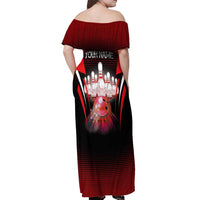 Red Bowling Strike Graphic Off Shoulder Maxi Dress with Pins and Ball and Custom Name Design - Wonder Print Shop