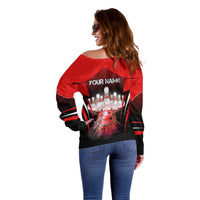 Red Bowling Strike Graphic Off Shoulder Sweater with Pins and Ball and Custom Name Design - Wonder Print Shop
