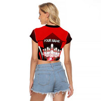 Red Bowling Strike Graphic Raglan Cropped T Shirt with Pins and Ball and Custom Name Design - Wonder Print Shop