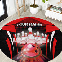 Red Bowling Strike Graphic Round Carpet with Pins and Ball and Custom Name Design - Wonder Print Shop