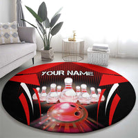 Red Bowling Strike Graphic Round Carpet with Pins and Ball and Custom Name Design - Wonder Print Shop