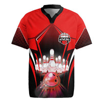 Red Bowling Strike Graphic Rugby Jersey with Pins and Ball and Custom Name Design - Wonder Print Shop