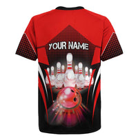 Red Bowling Strike Graphic Rugby Jersey with Pins and Ball and Custom Name Design - Wonder Print Shop