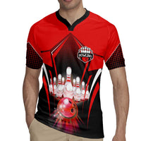 Red Bowling Strike Graphic Rugby Jersey with Pins and Ball and Custom Name Design - Wonder Print Shop