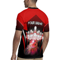 Red Bowling Strike Graphic Rugby Jersey with Pins and Ball and Custom Name Design - Wonder Print Shop