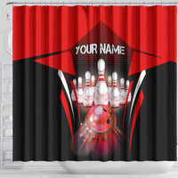 Red Bowling Strike Graphic Shower Curtain with Pins and Ball and Custom Name Design - Wonder Print Shop