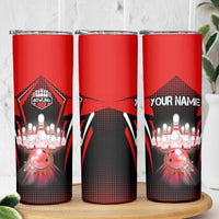 Red Bowling Strike Graphic Skinny Tumbler with Pins and Ball and Custom Name Design - Wonder Print Shop