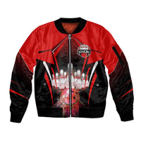 Red Bowling Strike Graphic Sleeve Zip Bomber Jacket with Pins and Ball and Custom Name Design - Wonder Print Shop