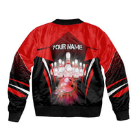 Red Bowling Strike Graphic Sleeve Zip Bomber Jacket with Pins and Ball and Custom Name Design - Wonder Print Shop