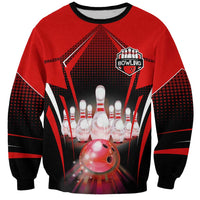 Red Bowling Strike Graphic Sweatshirt with Pins and Ball and Custom Name Design - Wonder Print Shop