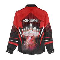 Red Bowling Strike Graphic Women Casual Shirt with Pins and Ball and Custom Name Design - Wonder Print Shop