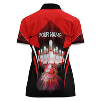 Red Bowling Strike Graphic Women Polo Shirt with Pins and Ball and Custom Name Design - Wonder Print Shop