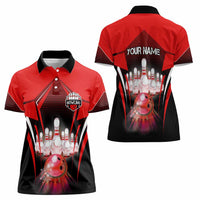 Red Bowling Strike Graphic Women Polo Shirt with Pins and Ball and Custom Name Design - Wonder Print Shop