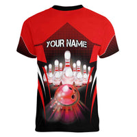 Red Bowling Strike Graphic Women V-Neck T-Shirt with Pins and Ball and Custom Name Design - Wonder Print Shop