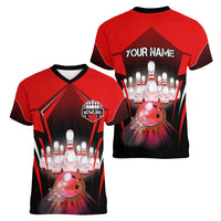 Red Bowling Strike Graphic Women V-Neck T-Shirt with Pins and Ball and Custom Name Design - Wonder Print Shop