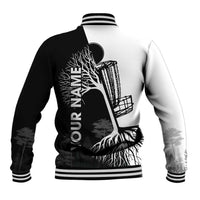 Black and White Disc Golf Tree Graphic Baseball Jacket with Roots Silhouette and Custom Name Design - Wonder Print Shop
