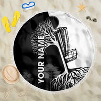 Black and White Disc Golf Tree Graphic Beach Blanket with Roots Silhouette and Custom Name Design - Wonder Print Shop
