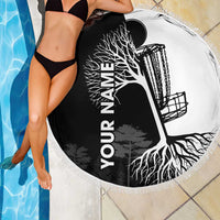 Black and White Disc Golf Tree Graphic Beach Blanket with Roots Silhouette and Custom Name Design - Wonder Print Shop