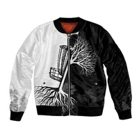 Black and White Disc Golf Tree Graphic Bomber Jacket with Roots Silhouette and Custom Name Design - Wonder Print Shop