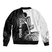 Black and White Disc Golf Tree Graphic Bomber Jacket with Roots Silhouette and Custom Name Design - Wonder Print Shop