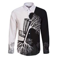 Black and White Disc Golf Tree Graphic Family Matching Long Sleeve Bodycon Dress and Hawaiian Shirt with Roots Silhouette and Custom Name Design - Wonder Print Shop