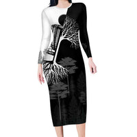 Black and White Disc Golf Tree Graphic Family Matching Long Sleeve Bodycon Dress and Hawaiian Shirt with Roots Silhouette and Custom Name Design - Wonder Print Shop