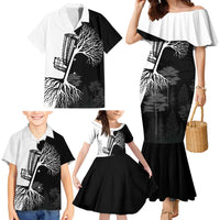 Black and White Disc Golf Tree Graphic Family Matching Mermaid Dress and Hawaiian Shirt with Roots Silhouette and Custom Name Design - Wonder Print Shop