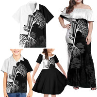 Black and White Disc Golf Tree Graphic Family Matching Off Shoulder Maxi Dress and Hawaiian Shirt with Roots Silhouette and Custom Name Design - Wonder Print Shop