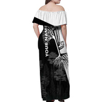 Black and White Disc Golf Tree Graphic Family Matching Off Shoulder Maxi Dress and Hawaiian Shirt with Roots Silhouette and Custom Name Design - Wonder Print Shop
