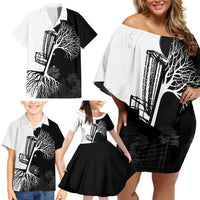 Black and White Disc Golf Tree Graphic Family Matching Off Shoulder Short Dress and Hawaiian Shirt with Roots Silhouette and Custom Name Design - Wonder Print Shop