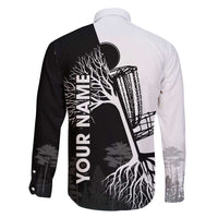 Black and White Disc Golf Tree Graphic Family Matching Off Shoulder Short Dress and Hawaiian Shirt with Roots Silhouette and Custom Name Design - Wonder Print Shop