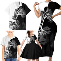 Black and White Disc Golf Tree Graphic Family Matching Short Sleeve Bodycon Dress and Hawaiian Shirt with Roots Silhouette and Custom Name Design - Wonder Print Shop