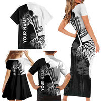 Black and White Disc Golf Tree Graphic Family Matching Short Sleeve Bodycon Dress and Hawaiian Shirt with Roots Silhouette and Custom Name Design - Wonder Print Shop