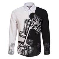 Black and White Disc Golf Tree Graphic Family Matching Short Sleeve Bodycon Dress and Hawaiian Shirt with Roots Silhouette and Custom Name Design - Wonder Print Shop