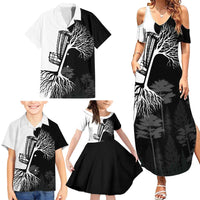Black and White Disc Golf Tree Graphic Family Matching Summer Maxi Dress and Hawaiian Shirt with Roots Silhouette and Custom Name Design - Wonder Print Shop